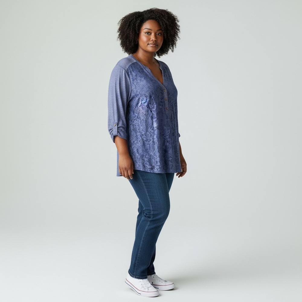 Siren Lily Lace Henley Top Long Sleeve Stretch Blue 1X